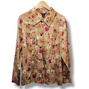 Emme Floral Print Button Up Shirt Jacket Women's Size 20 Tan Red Valentine's Day